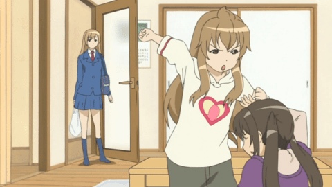 minami chiaki, minami haruka, minami kana, minami-ke, animated, animated gif, anime screenshot, lowres, 00s, 3girls, ahoge, brown eyes, brown hair, chestnut mouth, closed eyes, multiple girls, punching, violence