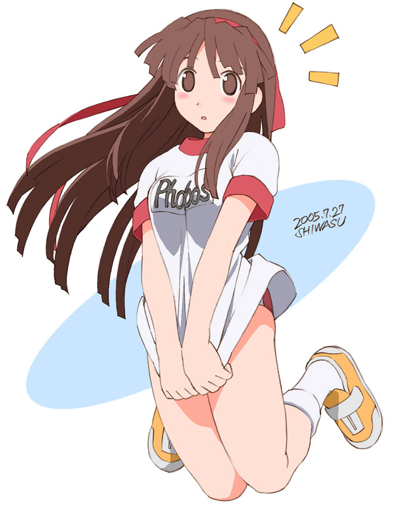 shiwasu takashi, bad id, bad pixiv id, 1girl, brown eyes, brown hair, female focus, gym uniform, solo