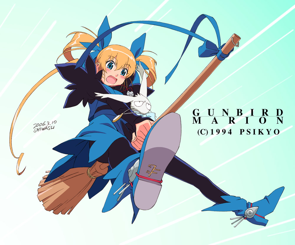 shiwasu takashi, marion, pomupomu, gunbird, bad id, bad pixiv id, 00s, 1girl, 2006, blonde hair, blue eyes, boots, broom, broom riding, female focus, foreshortening, long hair, pantyhose, pom pom (cheerleading), rabbit, ribbon, signature, solo, twintails