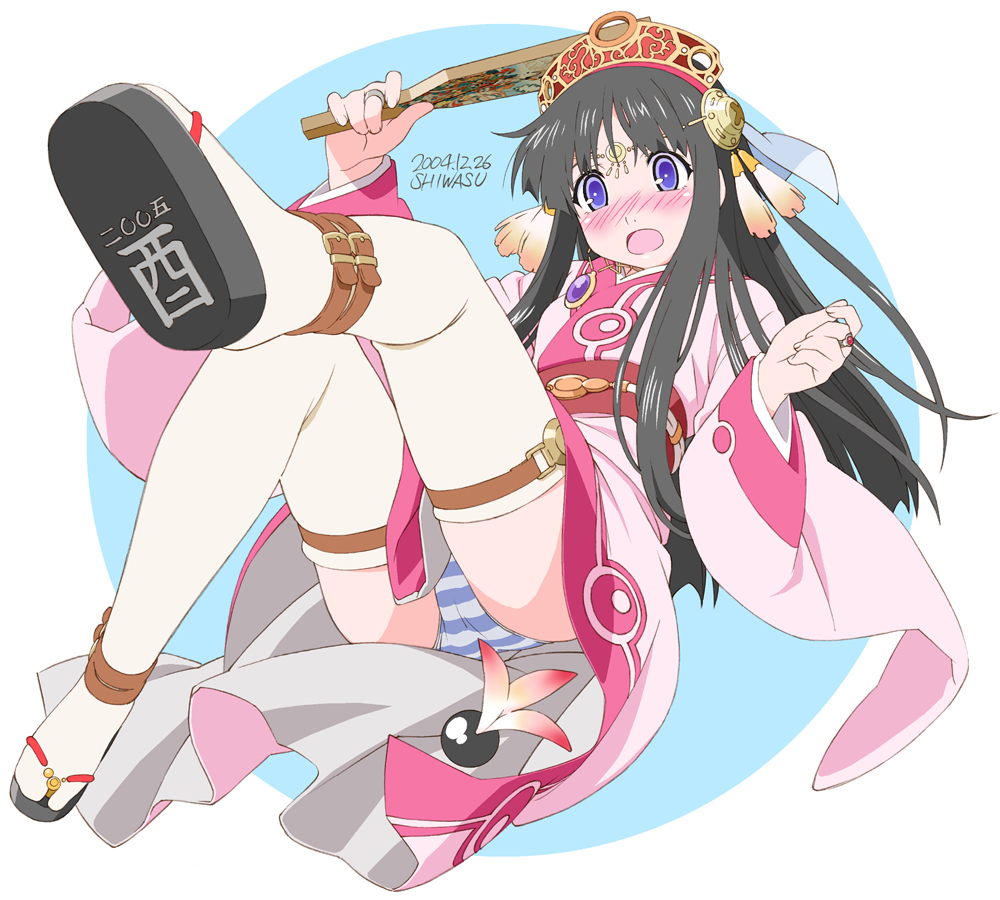 shiwasu takashi, original, bad id, bad pixiv id, 00s, 1girl, 2005, belt, black hair, blue eyes, blush, circlet, embarrassed, female focus, hagoita, hanetsuki, headdress, long hair, new year, open mouth, paddle, panties, pantyshot, sandals, skirt, solo, striped clothes, striped panties, thigh strap, thighhighs, underwear, upskirt
