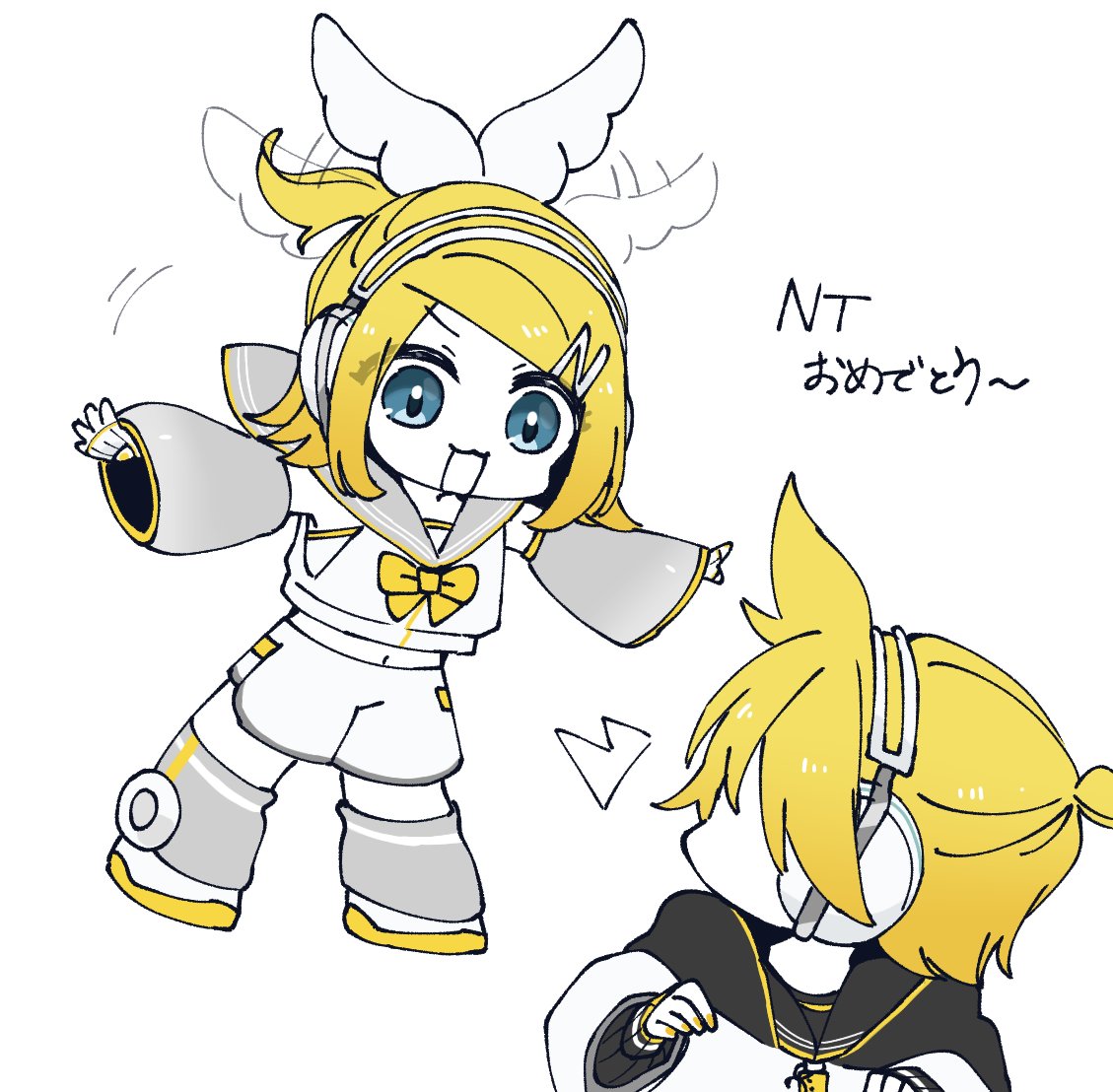 nasishu2525, kagamine len, kagamine rin, piapro studio, vocaloid, 1girl, :3, afterimage, arm warmers, bare shoulders, black sailor collar, blonde hair, blue eyes, bow, bowtie, chibi, crop top, detached sleeves, grey sailor collar, grey shorts, grey sleeves, hair bow, hair ornament, hairclip, headphones, kagamine len (nt), kagamine rin (nt), leg warmers, looking at another, midriff, navel, necktie, open mouth, outstretched arms, ponytail, sailor collar, school uniform, shirt, short hair, short ponytail, shorts, sleeveless, sleeveless shirt, smile, spiked hair, swept bangs, v-shaped eyebrows, waving arms, white background, white bow, white shirt, white shorts, yellow bow, yellow nails, yellow necktie