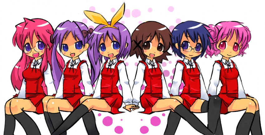 okera, hiiragi kagami, hiiragi tsukasa, hiro (hidamari sketch), sae (hidamari sketch), takara miyuki, yuno (hidamari sketch), hidamari sketch, lucky star, 00s, 6+girls, black socks, blush, breasts, dress, kneehighs, long sleeves, looking at viewer, multiple girls, pink eyes, pink hair, purple hair, red dress, school uniform, serafuku, short hair, siblings, simple background, sisters, sitting, small breasts, socks, thighhighs, twins, twintails, white background, yamabuki high school uniform
