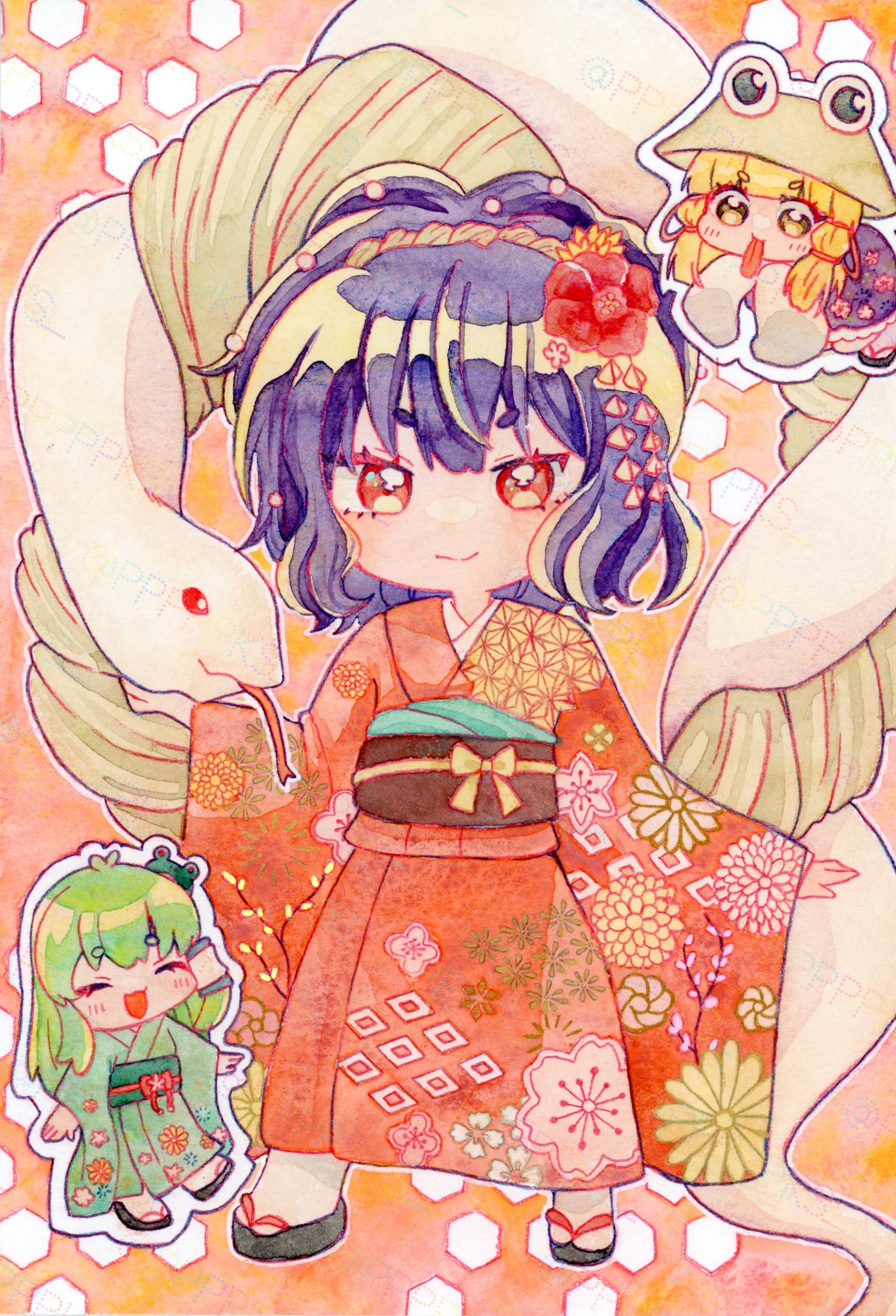 pppppks, kochiya sanae, moriya suwako, yasaka kanako, touhou, absurdres, highres, painting (medium), traditional media, watercolor (medium), black sandals, blonde hair, chibi, floral print, green hair, green kimono, japanese clothes, kimono, long hair, medium hair, red kimono, rope, sandals, sash, shimenawa, yellow eyes