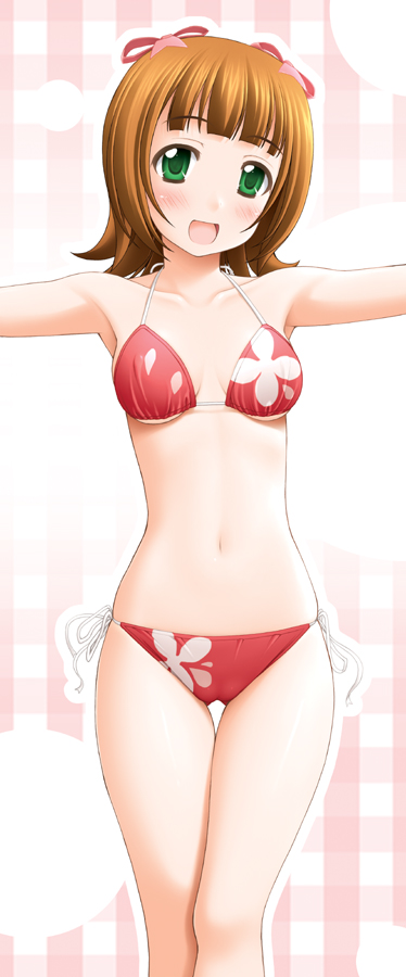 sin-go, amami haruka, idolmaster, idolmaster (classic), idolmaster 1, 00s, 1girl, armpits, bare shoulders, bikini, blush, bow, female focus, floral print, green eyes, hair bow, open mouth, red bikini, side-tie bikini bottom, smile, solo, string bikini, swimsuit, thigh gap