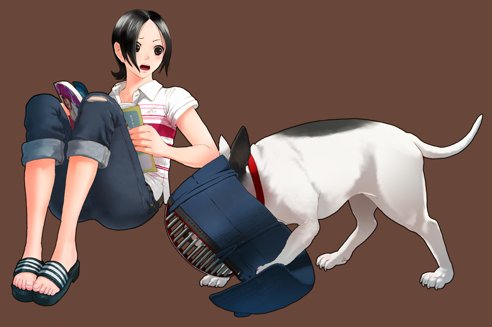 nagasawa shin, bad id, bad pixiv id, copyright request, 1girl, bad anatomy, bad feet, black eyes, black hair, dog, feet, female focus, poorly drawn, sandals, short hair, solo
