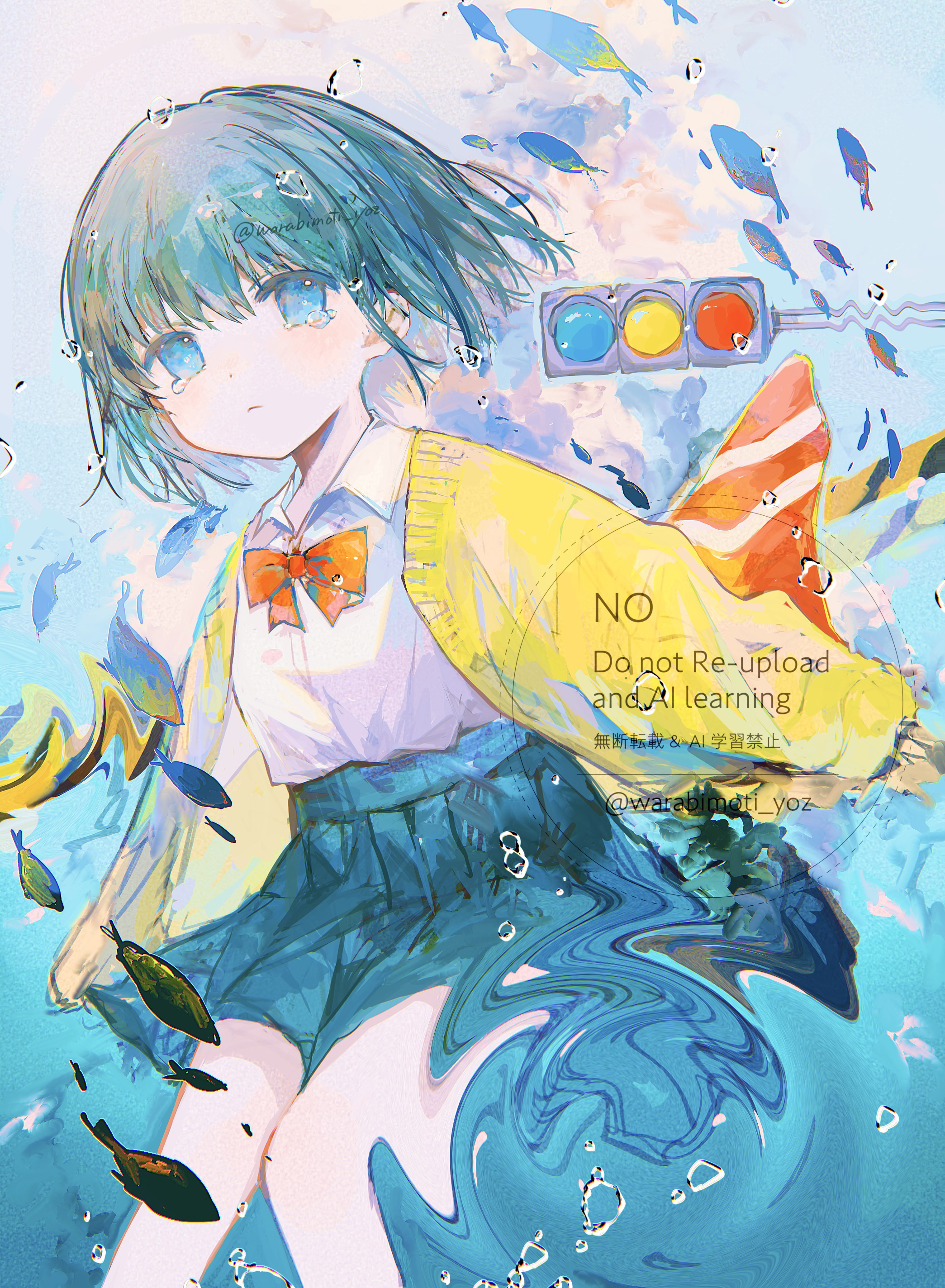irodori warabi, original, absurdres, commentary request, highres, 1girl, blue eyes, blue hair, blue skirt, blush, bow, bowtie, closed mouth, collared shirt, day, feet out of frame, jacket, long sleeves, open clothes, open jacket, pleated skirt, red bow, red bowtie, school uniform, shirt, short hair, skirt, solo, tears, traffic light, twitter username, watermark, white shirt, yellow jacket