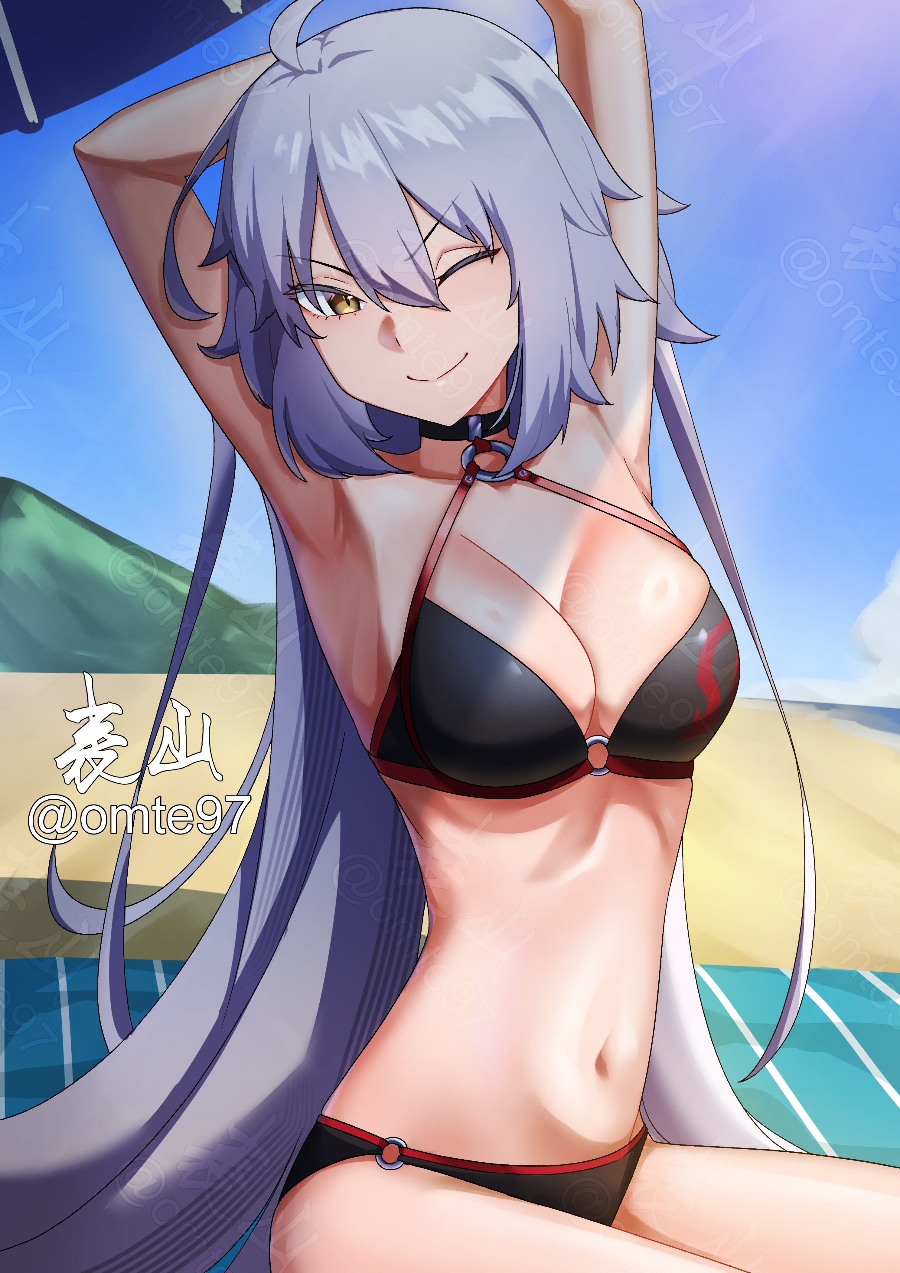 omte97, jeanne d'arc alter (fate), jeanne d'arc alter (swimsuit berserker) (fate), fate/grand order, fate (series), absurdres, highres, 1girl, ahoge, bare shoulders, beach, bikini, black bikini, breasts, choker, cleavage, grey hair, large breasts, long hair, looking at viewer, navel, o-ring, o-ring bikini, one eye closed, smile, solo, swimsuit, thighs, very long hair, yellow eyes