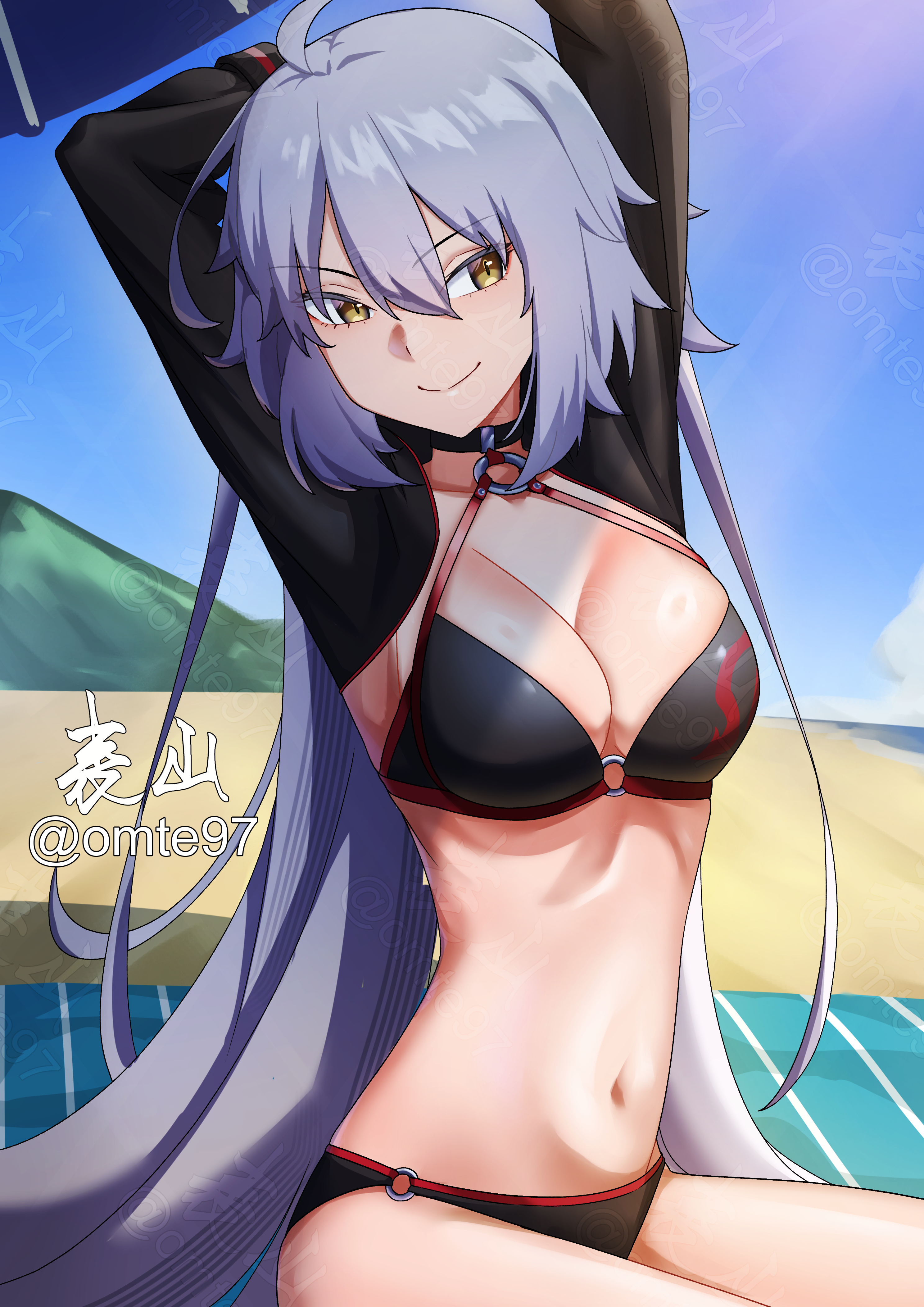 omte97, jeanne d'arc alter (fate), jeanne d'arc alter (swimsuit berserker) (fate), fate/grand order, fate (series), absurdres, highres, 1girl, ahoge, beach, bikini, black bikini, black shrug, breasts, choker, cleavage, grey hair, large breasts, long hair, long sleeves, looking at viewer, navel, o-ring, o-ring bikini, red thighhighs, shrug (clothing), single thighhigh, smile, solo, swimsuit, thigh strap, thighhighs, thighs, very long hair, yellow eyes