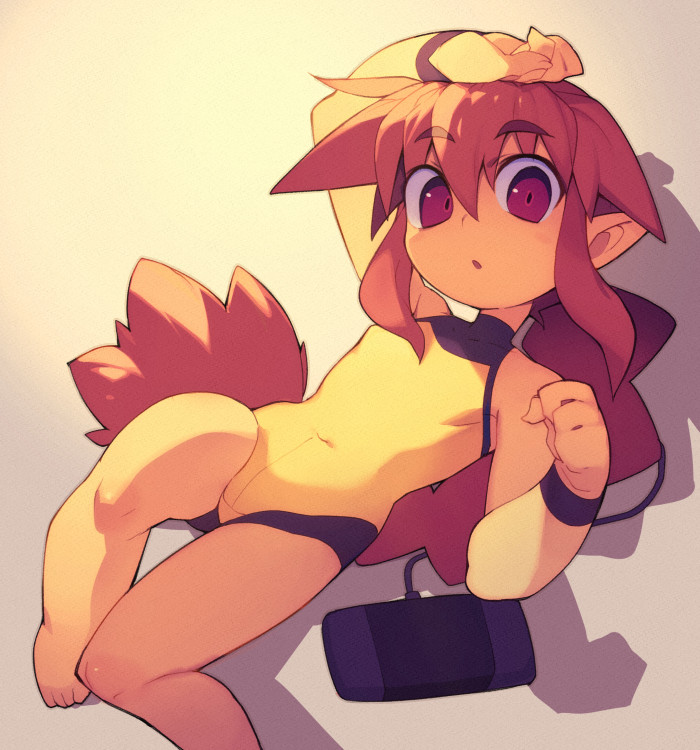metata, korone (metata), original, 1girl, barefoot, braid, braided ponytail, flat chest, long hair, looking at viewer, one-piece swimsuit, pointy ears, red eyes, red hair, sidelighting, solo, swimsuit, very long hair