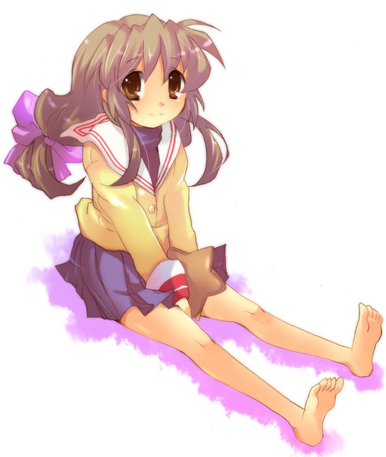 kurohara yuu, ibuki fuuko, clannad, 00s, barefoot, feet, school uniform, serafuku, smile, solo, starfish, toes