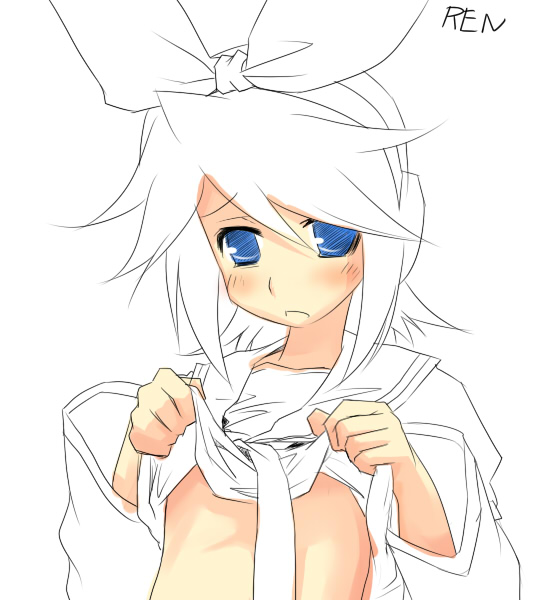 hermmy, kagamine rin, vocaloid, 1girl, blue eyes, blush, clothes lift, female focus, flat chest, frown, hair ribbon, partially colored, ribbon, school uniform, serafuku, shirt lift, short hair, solo