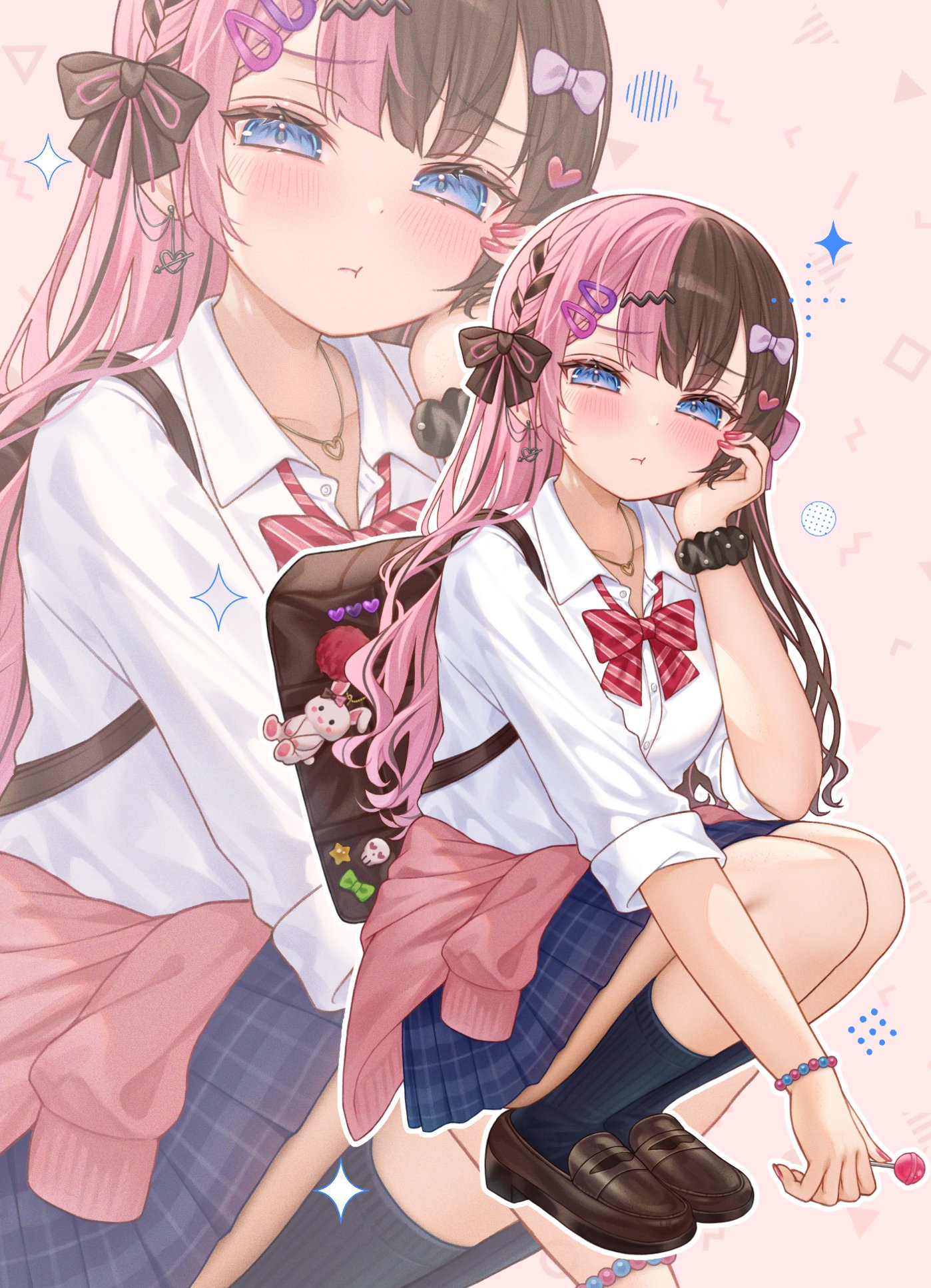 ebihurai, tachibana hinano, vspo!, highres, 1girl, :t, bag, black scrunchie, black socks, blue skirt, blush, bow, bowtie, braid, breasts, brown hair, brown ribbon, brown shoes, candy, cardigan, cardigan around waist, closed mouth, clothes around waist, collarbone, collared shirt, earrings, fingernails, food, green bow, hair bow, hair ornament, hair ribbon, hairclip, heart, heart earrings, heart necklace, holding, holding candy, holding food, holding lollipop, jewelry, loafers, lollipop, long hair, long sleeves, looking at viewer, multicolored hair, nail polish, necklace, pink background, pink bow, pink cardigan, pink hair, pink nails, pink ribbon, plaid clothes, plaid skirt, pleated skirt, pom pom (clothes), pout, purple eyes, rabbit ornament, red bow, red bowtie, ribbed socks, ribbon, school uniform, scrunchie, shirt, shoes, shoulder bag, skirt, skull ornament, socks, split-color hair, squatting, star ornament, streaked hair, striped bow, striped bowtie, striped clothes, thighs, two-tone hair, virtual youtuber, white shirt, wrist scrunchie, wristband, zoom layer