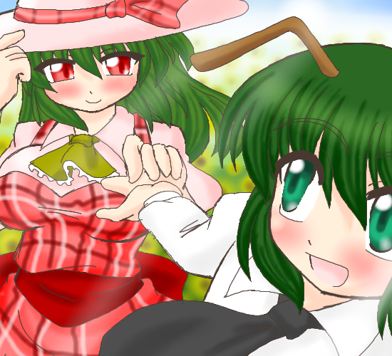 akasode (tyaramu), kazami yuuka, wriggle nightbug, touhou, 2girls, antennae, ascot, blush, breasts, dress, female focus, field, flower, flower field, green eyes, green hair, hat, large breasts, multiple girls, necktie, plaid clothes, plaid dress, red eyes, smile, sun hat, sunflower, sunflower field
