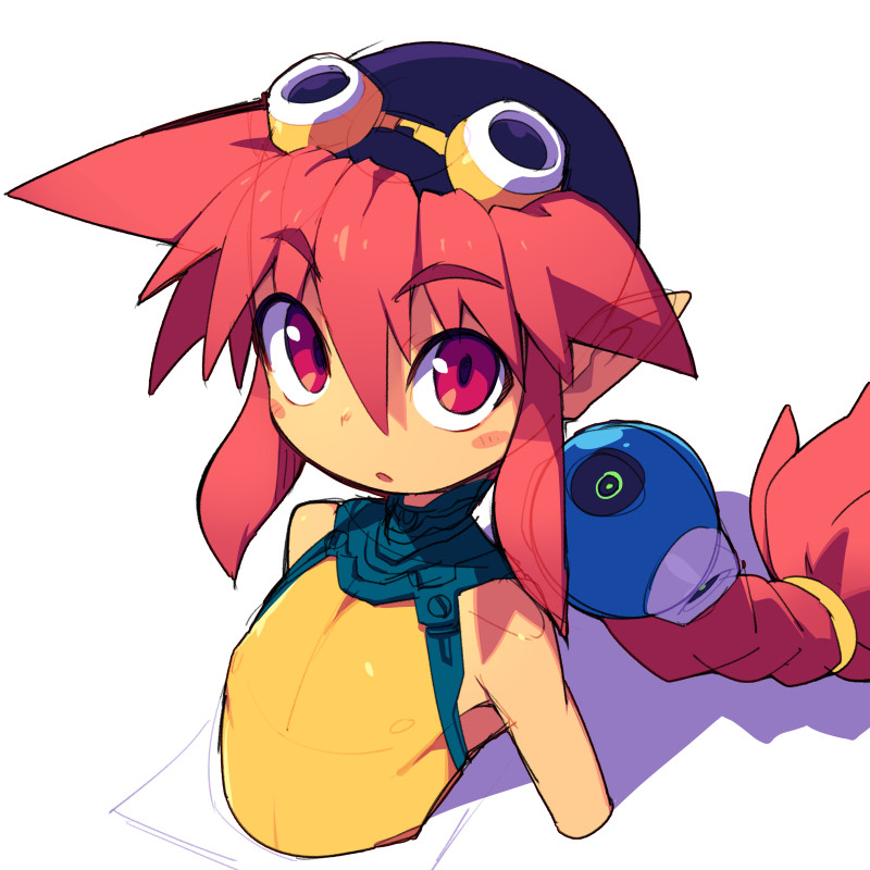 metata, korone (metata), original, 1girl, blush, braid, braided ponytail, flat chest, goggles, goggles on head, long hair, looking at viewer, one-piece swimsuit, parted lips, pointy ears, red eyes, red hair, sketch, solo, swimsuit, upper body