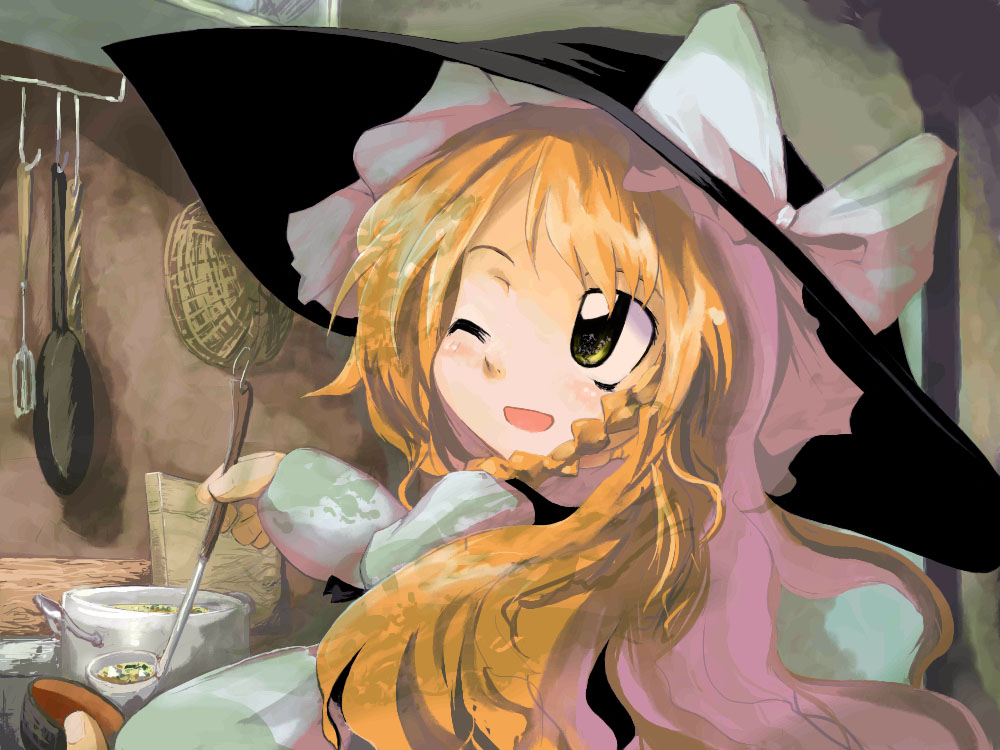 neki-t, kirisame marisa, touhou, 1girl, black hat, cooking, female focus, hat, indoors, ladle, one eye closed, solo, wink