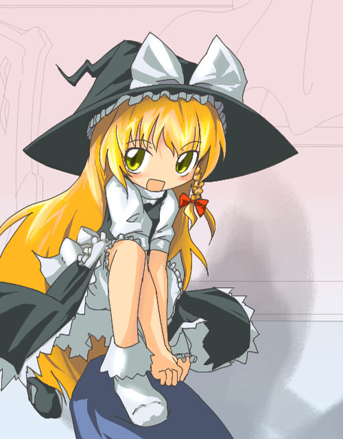 neki-t, kirisame marisa, touhou, 1girl, :d, apron, black dress, blonde hair, blush, braid, dress, female focus, green eyes, hat, looking at viewer, open mouth, puffy short sleeves, puffy sleeves, short sleeves, single braid, sitting, smile, socks, solo, tareme, waist apron, white socks, witch hat