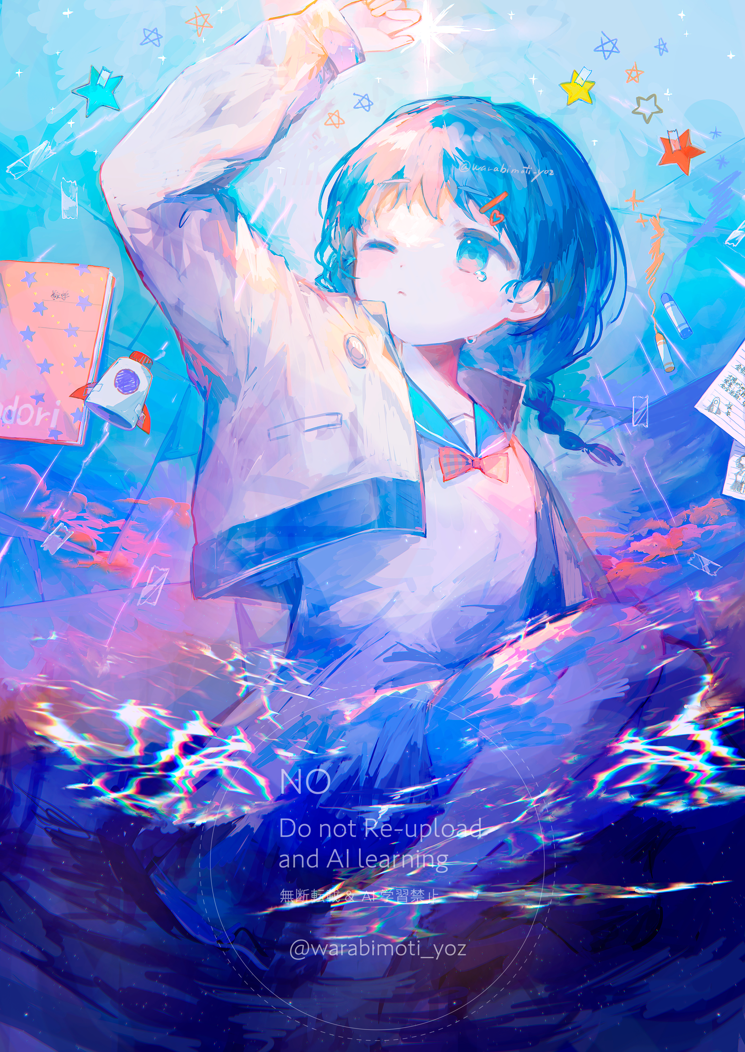 irodori warabi, original, absurdres, commentary request, highres, 1girl, arm up, blue eyes, blue hair, blue sailor collar, blush, bow, bowtie, braid, closed mouth, hair ornament, jacket, long hair, long sleeves, one eye closed, open clothes, open jacket, red bow, red bowtie, sailor collar, school uniform, serafuku, shirt, solo, star (symbol), twitter username, upper body, watermark, white jacket, white shirt
