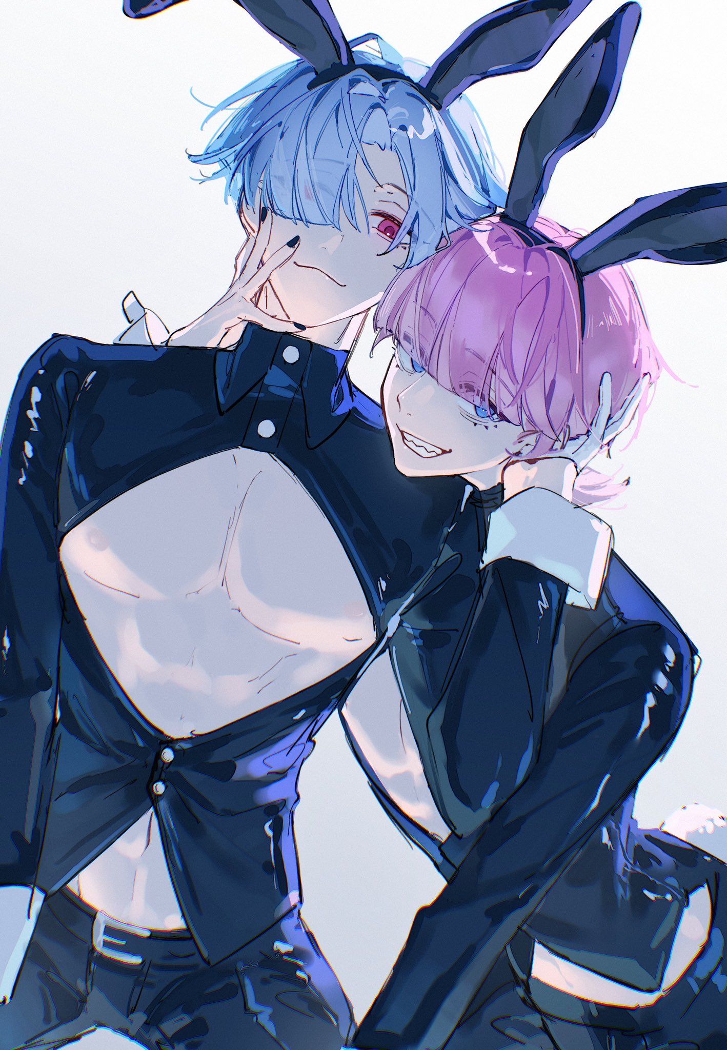 shark (theelegantshark), polyester (psg), polyurethane (psg), panty & stocking with garterbelt, commentary request, highres, 2boys, animal ears, black nails, black pants, blue hair, blunt bangs, blush, brothers, eyes visible through hair, fake animal ears, fake tail, gloves, grey background, grin, half gloves, hand on another's face, male focus, male playboy bunny, multiple boys, pants, pectorals, pink hair, rabbit ears, rabbit tail, red eyes, short hair, siblings, smile, tail, toned, toned male, white gloves