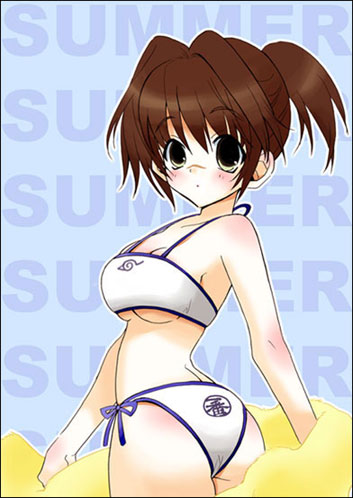 lowres, ass, bikini, blush, brown hair, green eyes, short hair, side-tie bikini bottom, swimsuit