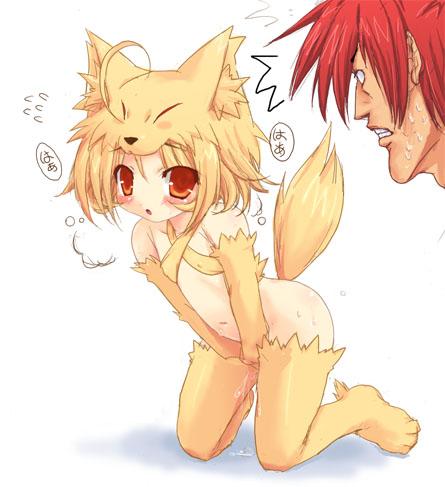 moonlight flower, ragnarok online, lowres, ^ ^, ahoge, animal ears, blonde hair, blush, closed eyes, costume, fox ears, gloves, loli, masturbation, pussy juice, red eyes, red hair, short hair, sweat, tail, thighhighs, wet