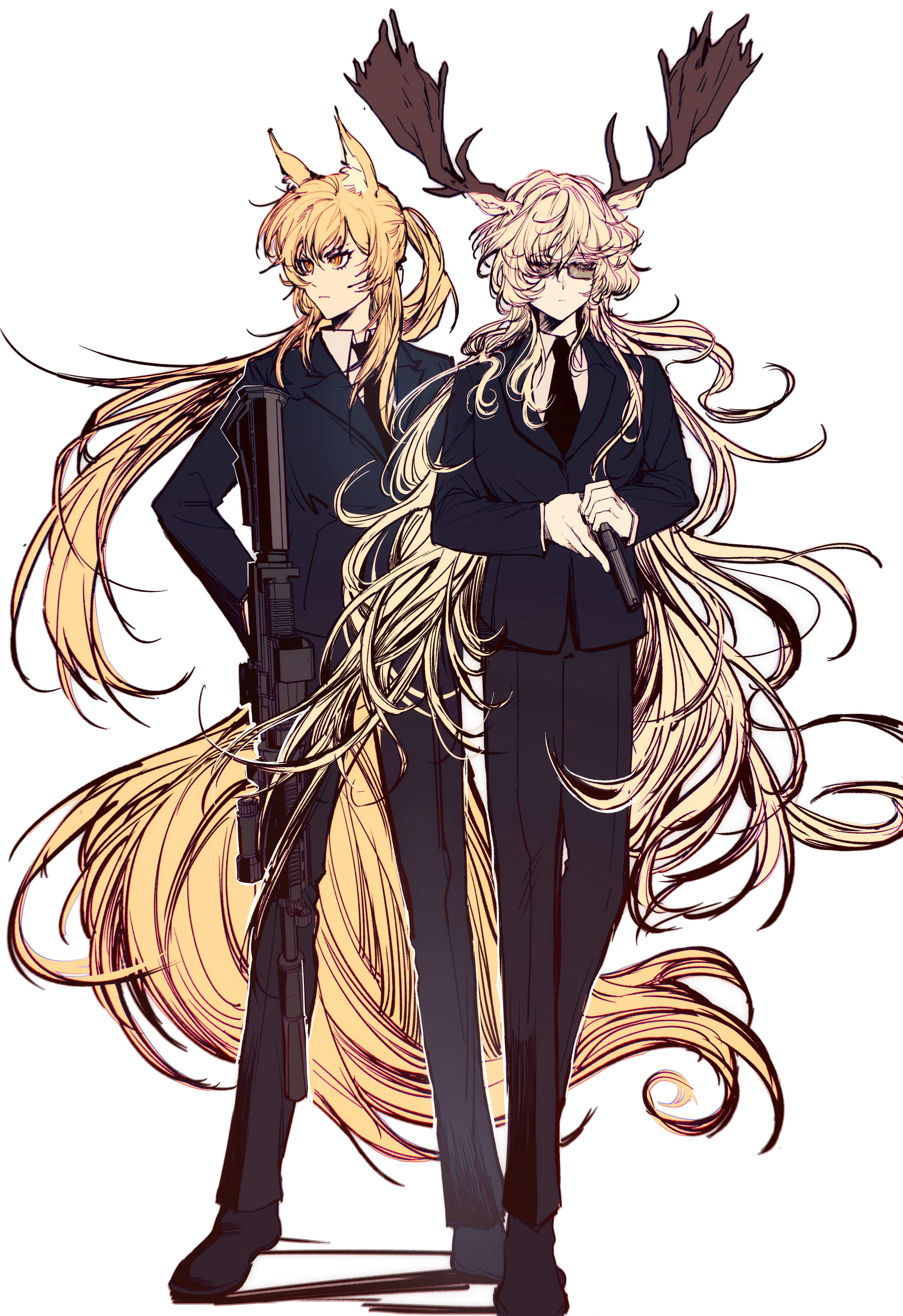 nearl (arknights), viviana (arknights), arknights, absurdres, chinese commentary, commentary request, highres, 2girls, animal ear fluff, animal ears, antlers, black jacket, black necktie, black pants, black shoes, blazer, blonde hair, closed mouth, collared shirt, dress pants, formal clothes, full body, glasses, grey-tinted eyewear, gun, hair between eyes, handgun, holding, holding gun, holding weapon, horns, jacket, lapels, lightwithin1223, long hair, long sleeves, long tail, looking to the side, mafia, multiple girls, necktie, pants, ponytail, rifle, semi-rimless eyewear, shirt, shoes, simple background, sniper rifle, standing, tail, tinted eyewear, trigger discipline, under-rim eyewear, very long hair, weapon, white background, white shirt, yellow eyes, yellow tail