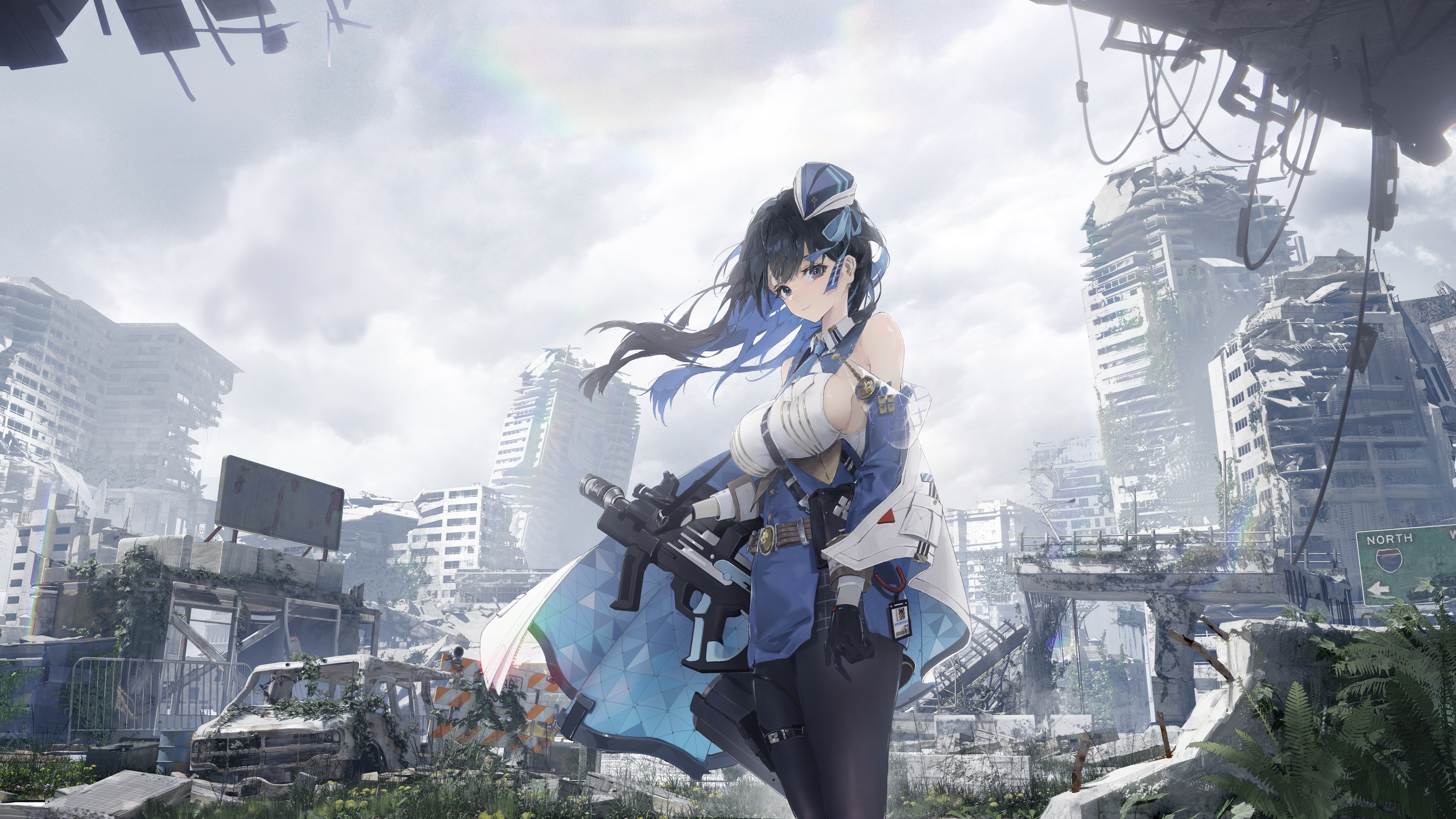 rotarran, marian (nikke), goddess of victory: nikke, absurdres, commentary, highres, 1girl, abandoned, belt, black hair, black pantyhose, breasts, building, cape, car, closed mouth, colored inner hair, day, detached sleeves, floating hair, gun, hair ribbon, hat, high-waist skirt, large breasts, long hair, looking at viewer, motor vehicle, multicolored hair, outdoors, overcast, overgrown, pantyhose, post-apocalypse, purple eyes, purple hair, purple hat, purple ribbon, purple skirt, purple sleeves, ribbon, rifle, ruins, scenery, shirt, sideboob, skirt, sky, skyscraper, solo, standing, weapon, white shirt