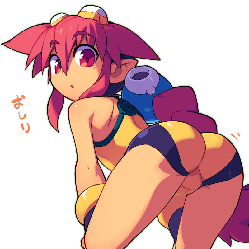 metata, korone (metata), original, 1girl, ass, braid, braided ponytail, from behind, leaning forward, long hair, looking at viewer, looking back, one-piece swimsuit, parted lips, pointy ears, red eyes, red hair, simple background, solo, swimsuit, very long hair