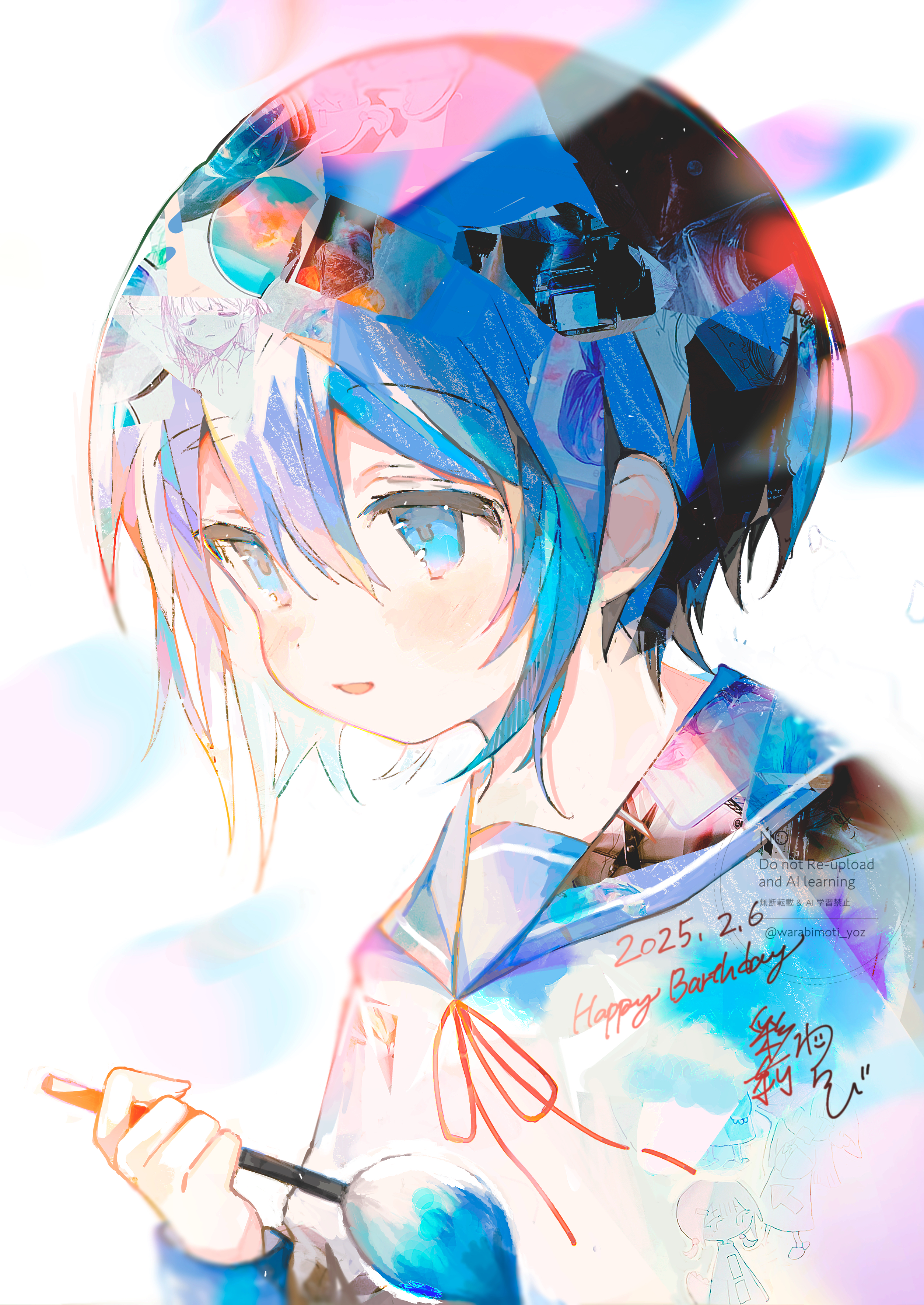 irodori warabi, original, absurdres, commentary request, highres, 1girl, blue eyes, blue hair, blue sailor collar, dated, hair between eyes, happy birthday, holding, holding paintbrush, long sleeves, neck ribbon, open mouth, paintbrush, red ribbon, ribbon, sailor collar, shirt, short hair, signature, smile, solo, twitter username, upper body, watermark, white shirt