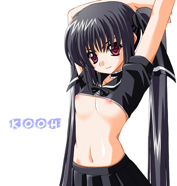 kooh (pangya), pangya, artist request, 1girl, black hair, black theme, breasts, female focus, loli, long hair, medium breasts, navel, nipple slip, nipples, purple eyes, smile, solo, twintails