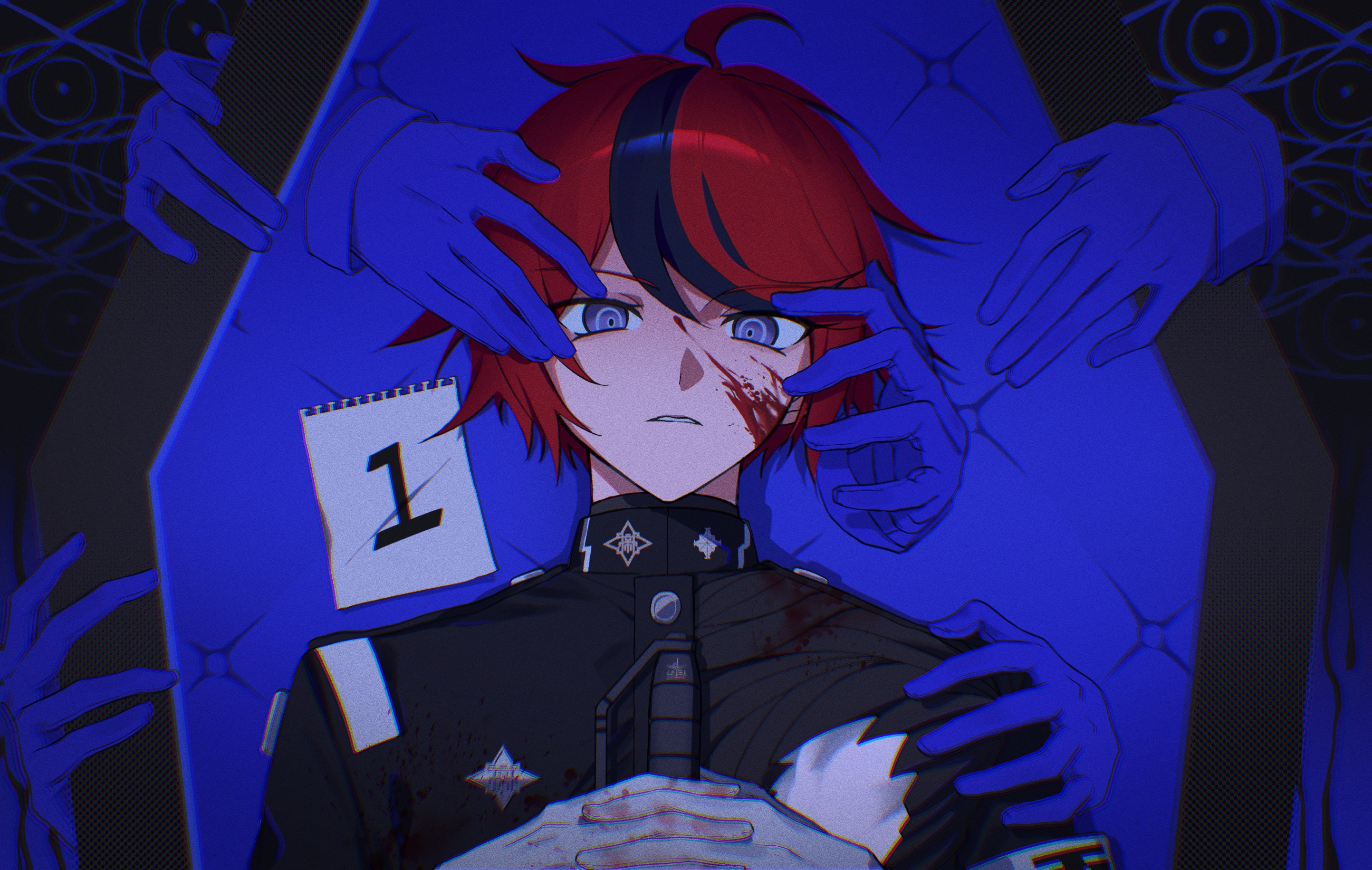 sumino takumi, the hundred line -last defense academy-, chinese commentary, commentary request, highres, 1boy, ahoge, armband, blood, blood on face, blue eyes, blue theme, disembodied hand, eye (vocaloid), gakuran, gloves, hole in chest, hole on body, interlocked fingers, last defense academy school uniform, looking at viewer, male focus, multicolored hair, parted lips, pingdu494, red hair, ringed eyes, school uniform, solo, streaked hair, white armband, white gloves