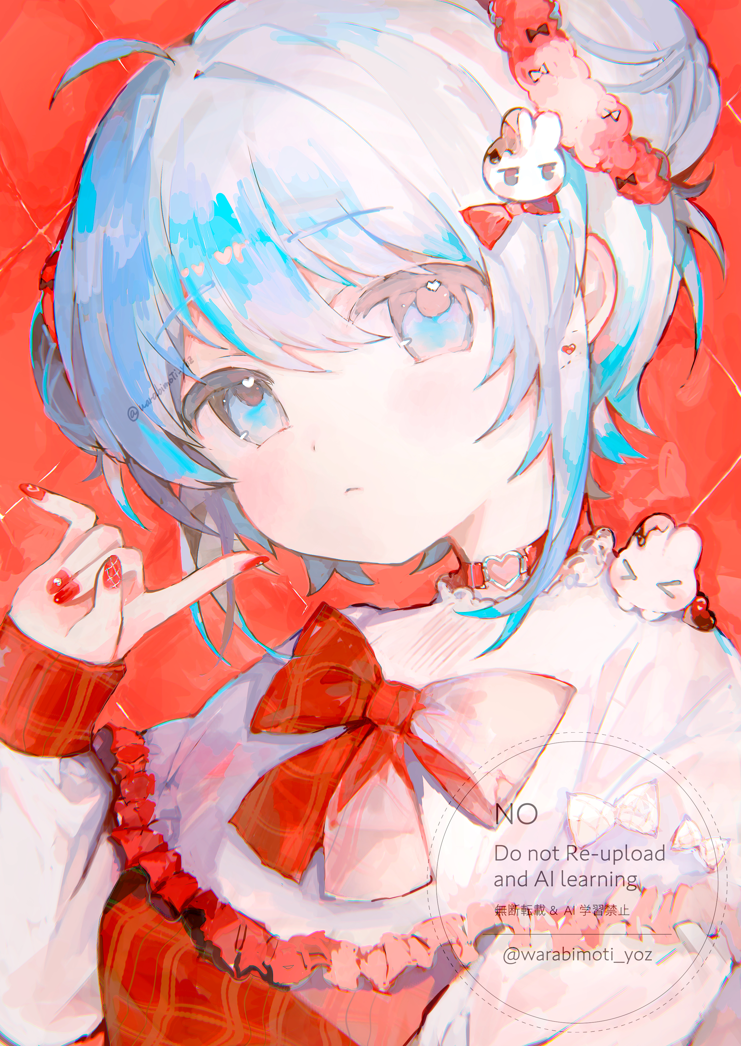 irodori warabi, original, absurdres, commentary request, highres, 1girl, ahoge, blue eyes, blue hair, bow, bowtie, choker, closed mouth, double bun, hair between eyes, hair bow, hair bun, hand up, heart, heart choker, long sleeves, looking at viewer, nail polish, red background, red bow, red bowtie, red choker, red nails, shirt, short hair, simple background, solo, twitter username, upper body, valentine, watermark, white shirt