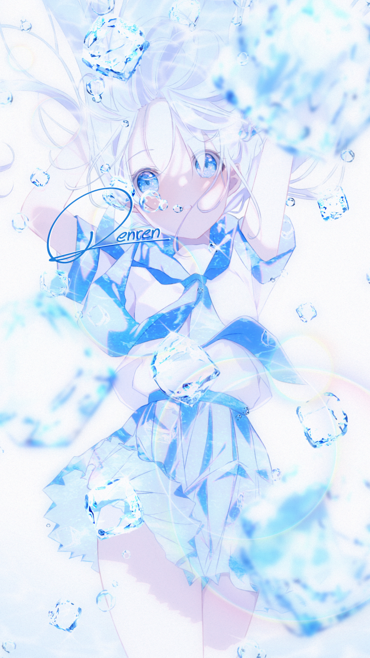 renren (pixiv22963369), original, highres, 1girl, air bubble, arms up, artist name, blue eyes, blue neckerchief, blue sailor collar, blue skirt, blue theme, blurry, blurry foreground, blush, bubble, cowboy shot, depth of field, floating hair, ice, ice cube, long hair, looking at viewer, miniskirt, neckerchief, necktie, parted lips, pleated skirt, sailor collar, school uniform, serafuku, shirt, short sleeves, signature, skirt, solo, submerged, tareme, underwater, water, white background, white hair, white shirt