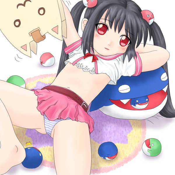 kooh (pangya), pangya, artist request, 1girl, barefoot, belt, black hair, blush, brown belt, female focus, flat chest, hair bobbles, hair ornament, loli, long hair, looking at viewer, lying, midriff, navel, nipple slip, nipples, open mouth, panties, pink skirt, red eyes, shirt, short sleeves, skirt, smile, solo, striped clothes, striped panties, stuffed toy, twintails, underwear, white panties, white shirt