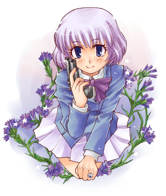 blue (ao maru), sannomiya shiho, zettai karen children, 00s, 1girl, blue eyes, female focus, gun, purple hair, solo, weapon