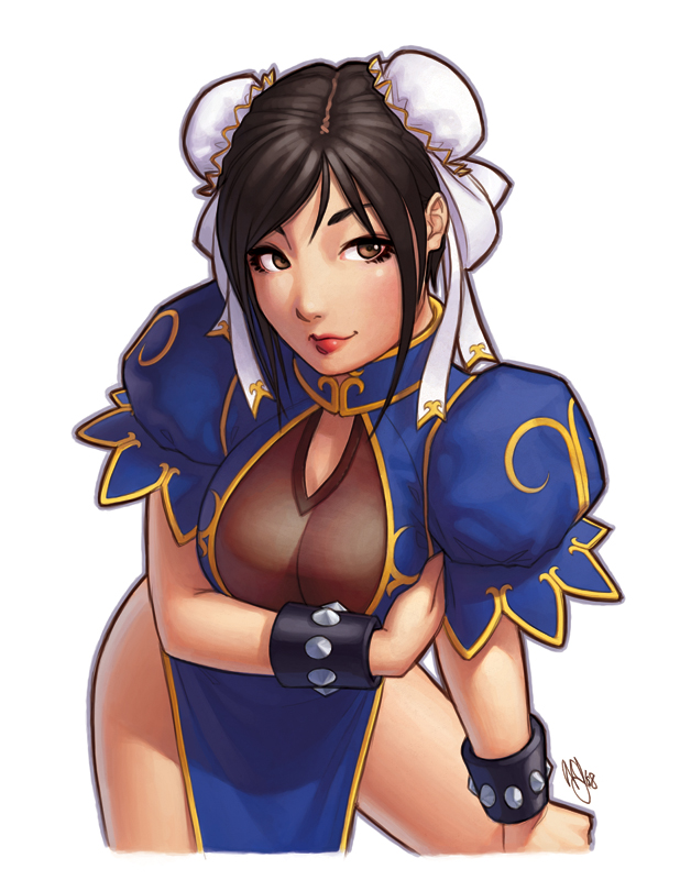 warren louw, chun-li, street fighter, black hair, breasts, brown eyes, bun cover, china dress, chinese clothes, cleavage, double bun, hair bun, leaning forward