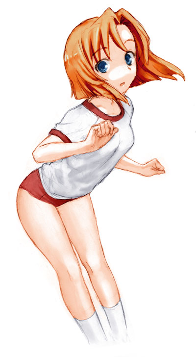 ryuuguu rena, higurashi no naku koro ni, 00s, 1girl, :o, blue eyes, buruma, female focus, gym uniform, kneehighs, leaning forward, looking at viewer, orange hair, parted lips, school uniform, shirt, short hair, short sleeves, simple background, socks, solo, white background, white shirt