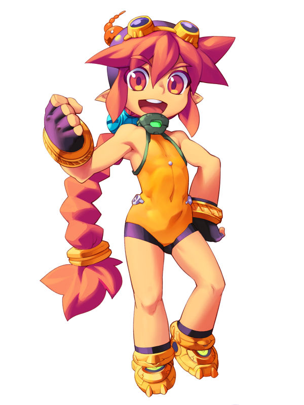 metata, korone (metata), original, 1girl, braid, braided ponytail, covered navel, fingerless gloves, flat chest, full body, gloves, goggles, goggles on head, long hair, looking at viewer, one-piece swimsuit, open mouth, pointy ears, red eyes, red hair, smile, solo, swimsuit, very long hair