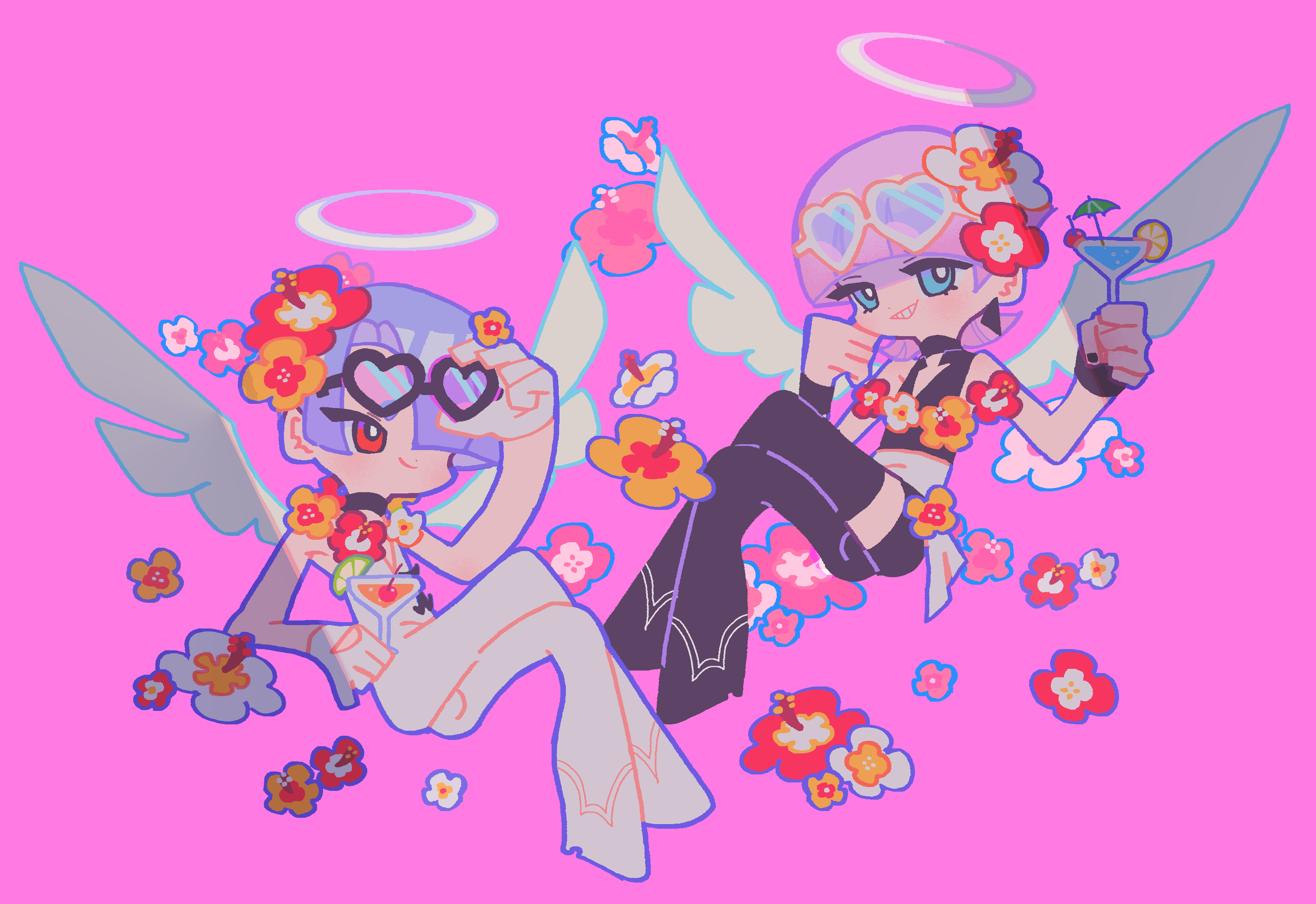 reed, polyester (psg), polyurethane (psg), panty & stocking with garterbelt, highres, 2boys, black jumpsuit, blue eyes, blunt bangs, brothers, choker, earrings, girly boy, gloves, grin, hair over one eye, jewelry, jumpsuit, male focus, multiple boys, pink hair, red eyes, siblings, smile, trap, triangle earrings, white gloves, white jumpsuit