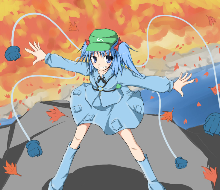 kirino souya, souya, kawashiro nitori, touhou, bad id, bad pixiv id, 1girl, blue hair, female focus, rocket punch, solo, two side up