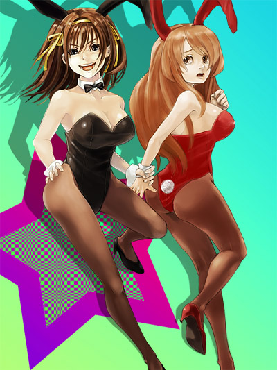 base, homutatu, asahina mikuru, suzumiya haruhi, suzumiya haruhi no yuuutsu, bad id, bad pixiv id, 00s, 2girls, animal ears, fake animal ears, multiple girls, pantyhose, playboy bunny, rabbit ears