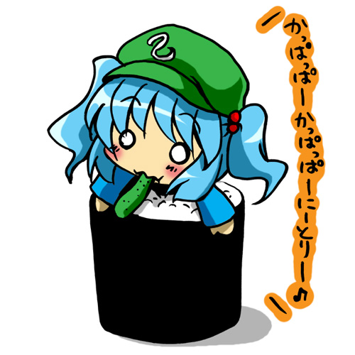 aryama, kawashiro nitori, touhou, lowres, 1girl, chibi, cucumber, female focus, food, hair bobbles, hair ornament, in food, makizushi, o o, oversized object, solo, sushi, two side up