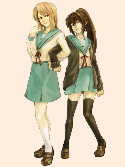 base, homutatu, koizumi itsuki, koizumi itsuki (female), kyon, kyonko, suzumiya haruhi no yuuutsu, arm grab, bad id, bad pixiv id, 00s, 2girls, genderswap, genderswap (mtf), holding another's arm, kneehighs, long sleeves, multiple girls, ponytail, school uniform, serafuku, socks, thighhighs, zettai ryouiki