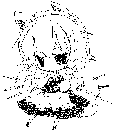 k (li), inu sakuya (nejikirio), izayoi sakuya, touhou, bad id, bad pixiv id, lowres, 1girl, animal ears, chibi, dog ears, dog tail, female focus, greyscale, kemonomimi mode, monochrome, solo, tail