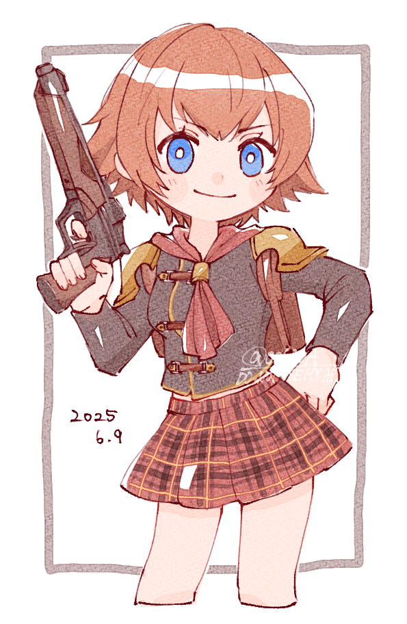 nitoya 00630a, cater (fft-0), final fantasy, final fantasy type-0, 1girl, armor, black jacket, blue eyes, brown hair, cape, cropped legs, dated, gun, hand on own hip, handgun, holding, holding gun, holding weapon, jacket, looking at viewer, plaid clothes, plaid skirt, red cape, red skirt, short hair, shoulder armor, skirt, smile, solo, watermark, weapon