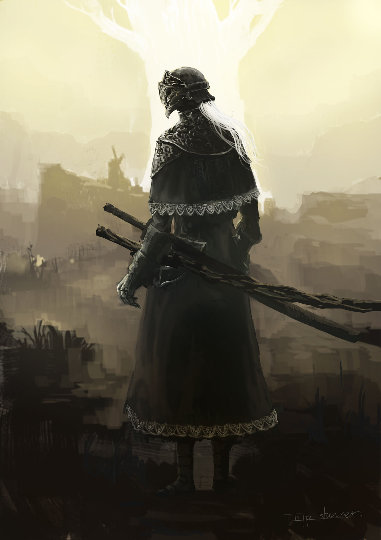 tripdancer, elden ring, character request, highres, 1other, artist name, black dress, dress, gauntlets, grey hair, helm, helmet, long hair, sheath, shoulder plates, standing, tree, weapon