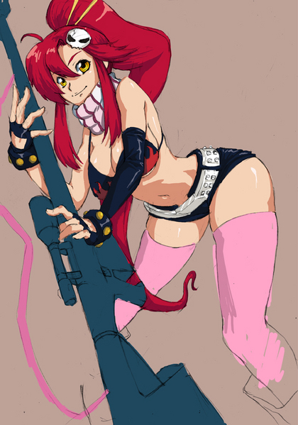 tianzhong zhongtian, yoko littner, tengen toppa gurren lagann, 00s, elbow gloves, gloves, gun, hip focus, leaning forward, long hair, ponytail, red hair, rifle, solo, thighhighs, weapon, wide hips, yellow eyes
