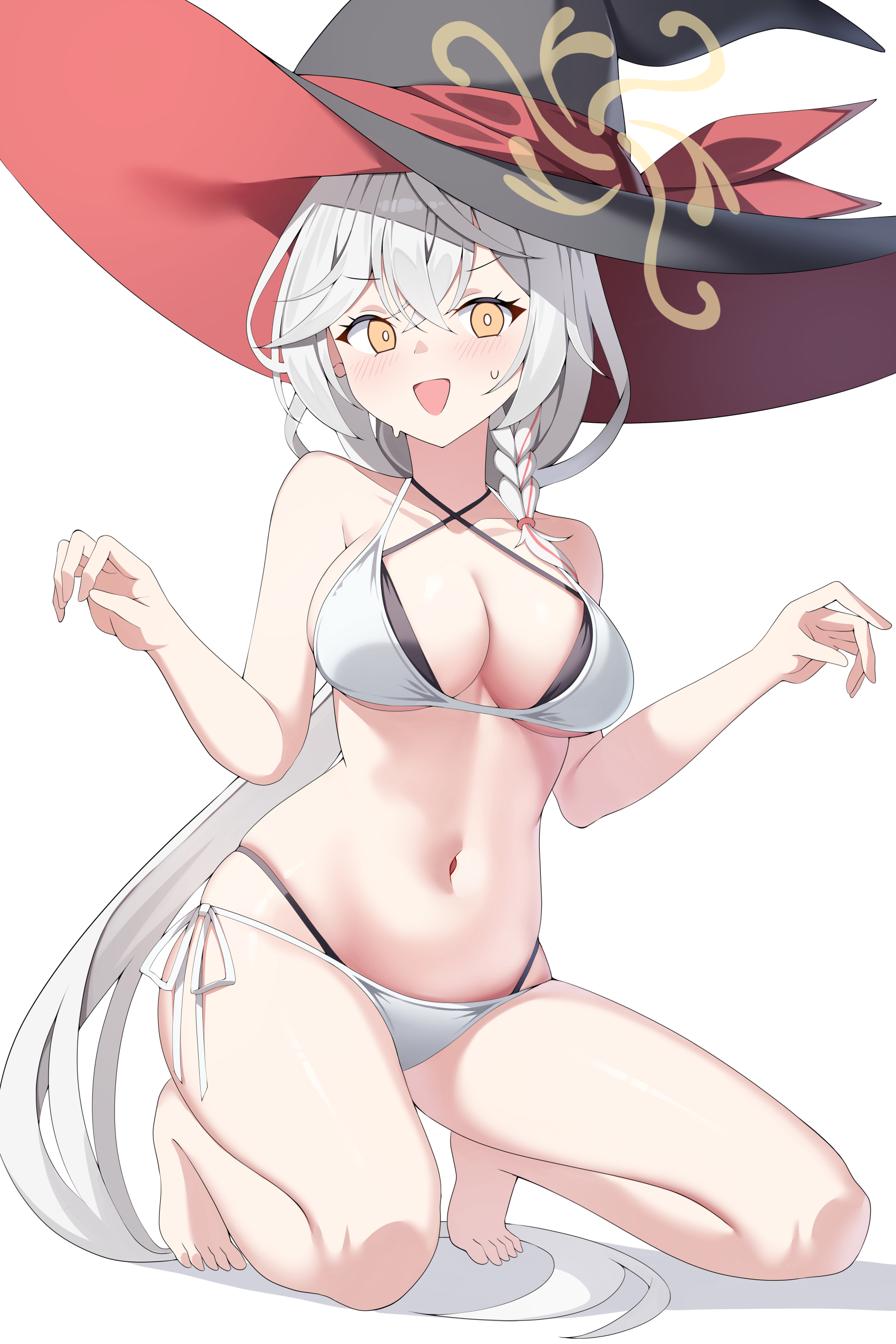 sob (submar1089), eri (blue archive), blue archive, absurdres, commentary, highres, 1girl, bare shoulders, barefoot, bikini, black hat, braid, breasts, bright pupils, cleavage, collarbone, criss-cross halter, crossed bangs, feet, hair between eyes, halo, halterneck, hands up, hat, hat ribbon, kneeling, large breasts, legs, long hair, looking at viewer, multi-strapped bikini bottom, multi-strapped bikini top, multicolored hair, navel, red ribbon, red streaks, ribbon, side-tie bikini bottom, side halo, simple background, single braid, solo, stomach, streaked hair, string bikini, sweatdrop, swimsuit, thighs, toes, two-sided fabric, two-sided headwear, very long hair, white background, white bikini, white hair, white pupils, witch hat, yellow eyes, yellow halo