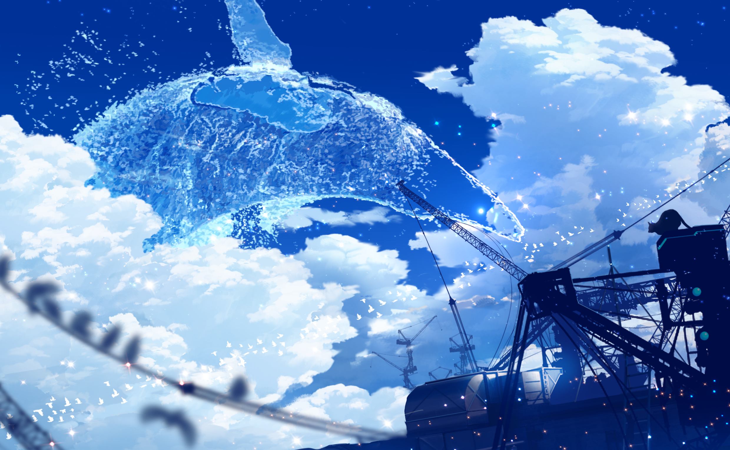 makoron117117, original, highres, animal, animal focus, bird, blue sky, blue theme, blurry, blurry foreground, cat, cloud, cloudy sky, construction site, crane (machine), cumulonimbus cloud, day, depth of field, dolphin, fantasy, flock, light particles, no humans, outdoors, oversized animal, scenery, silhouette, sky, surreal, water, white bird, wide shot