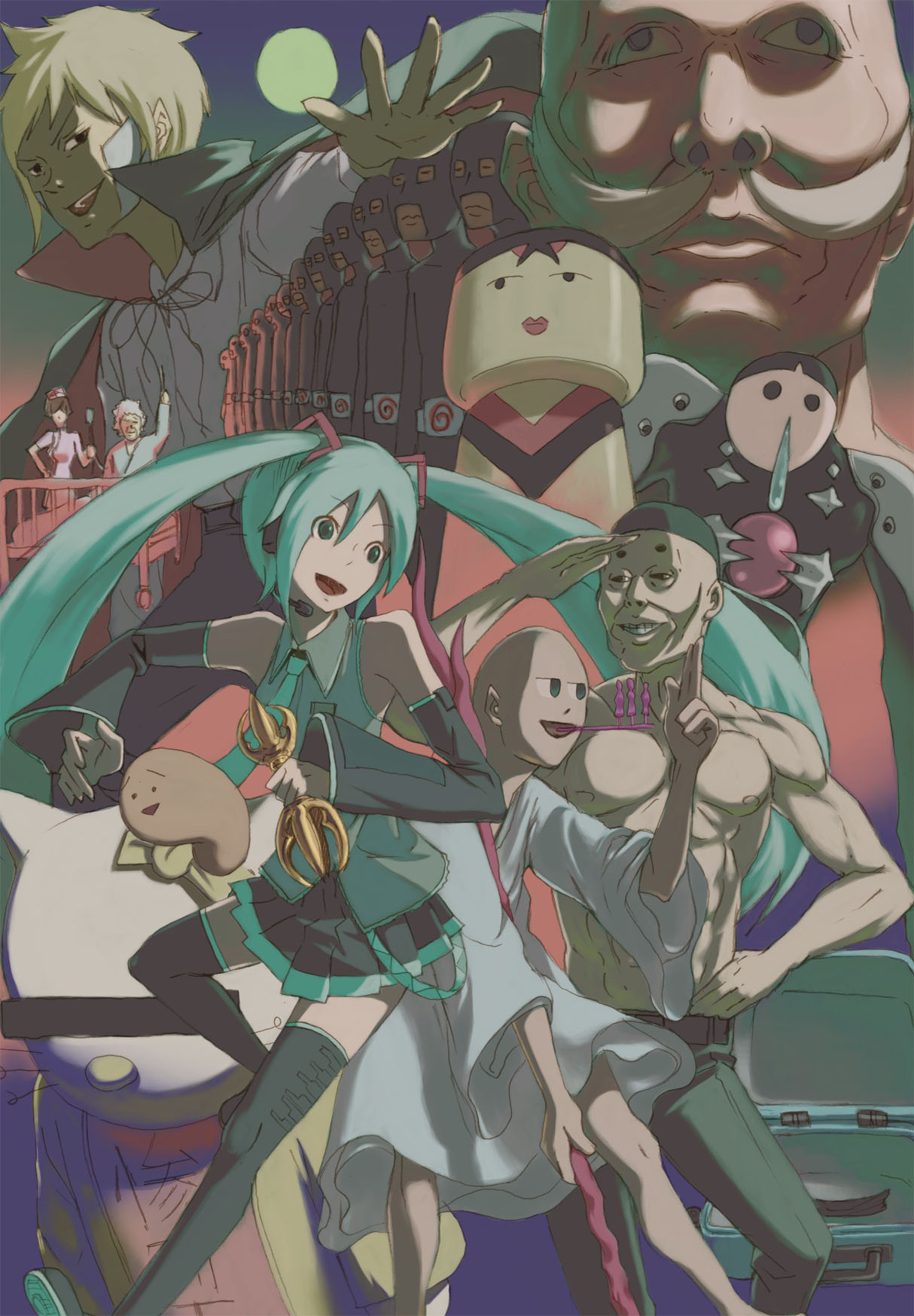 tomioka jirou, hatsune miku, vocaloid, black legwear, highres, 3girls, 6+boys, :d, bald, black skirt, blue hair, collarbone, detached sleeves, full body, jiro tomioka, long sleeves, looking at viewer, miniskirt, multiple boys, multiple girls, muscular, open mouth, pleated skirt, skirt, smile, tattoo, twintails