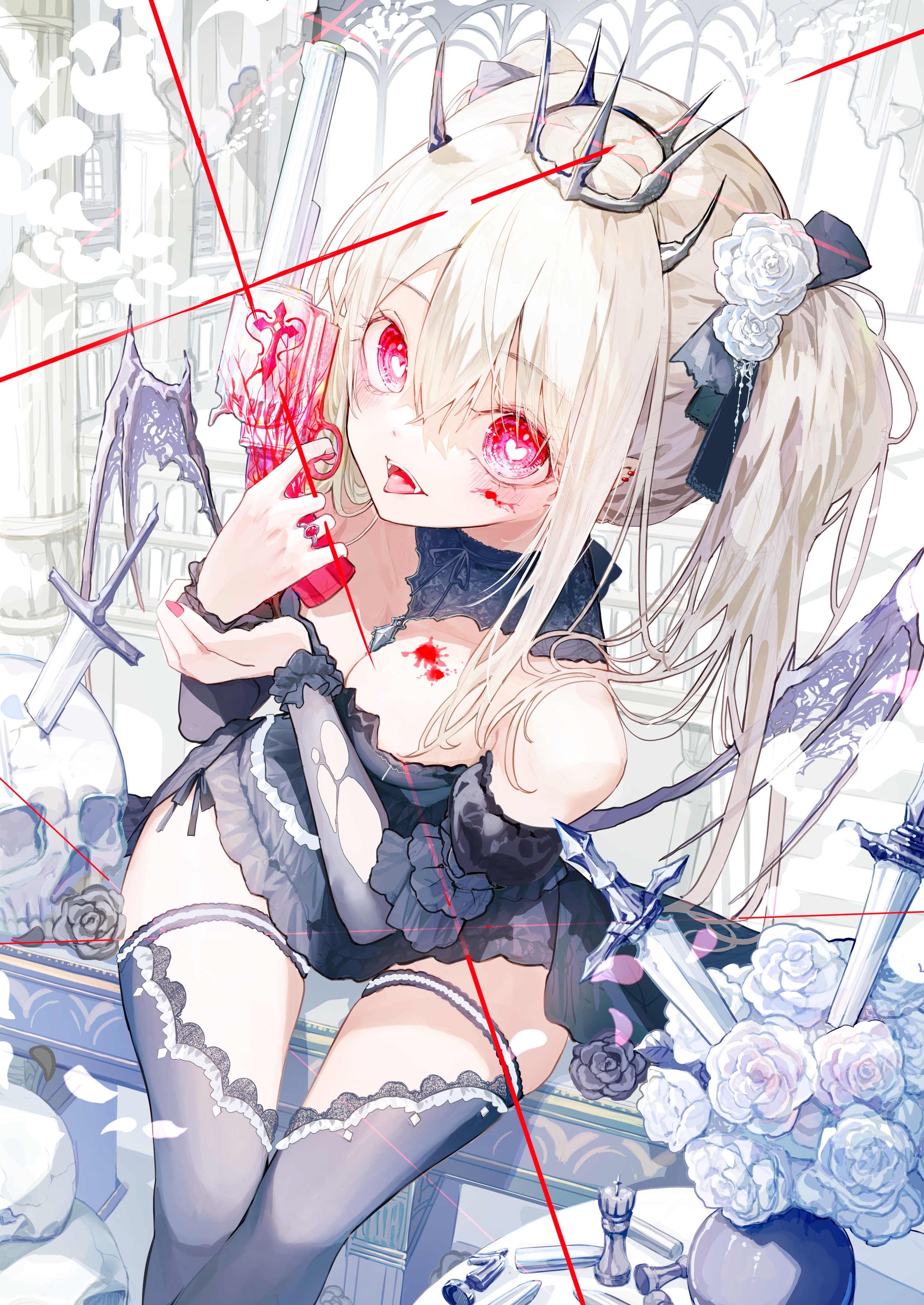 negimapurinn, absurdres, highres, blood, demon, dress, gun, horns, lolita fashion, no bra, pointy ears, thighhighs, torn clothes, weapon, wings